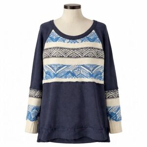 Free People Medium Boho Snow Angel Nordic Fair Isle Tunic Sweater Blue Raw Edges